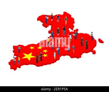 Grande gruppo di persone sotto forma di bandiera cinese. Repubblica popolare cinese. Concetto di popolazione. Illustrazione vettoriale isometrica Illustrazione Vettoriale