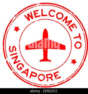 Grunge rosso benvenuto a Singapore parola con icona aereo rotondo sigillo in gomma su sfondo bianco Illustrazione Vettoriale