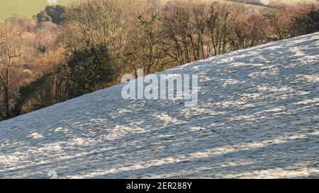 immagine a schermo 16:9 del campo in pendenza coperto dal gelo primaverile. Scatto a basse temperature. Campagna gelida Regno Unito. Foto Stock