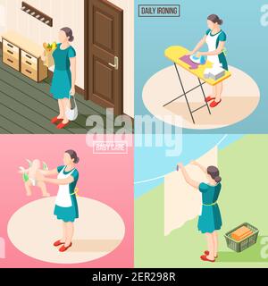 Torturato casalinga 2x2 design insieme di compiti quotidiani di routine così come l'illustrazione vettoriale isometrica della stiratura del bucato di cura del bambino Illustrazione Vettoriale