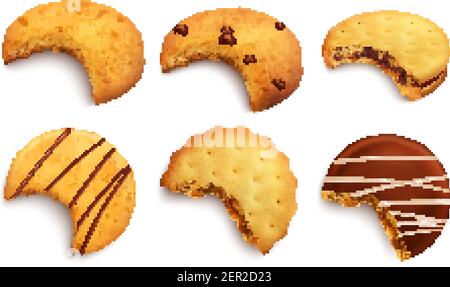 Set di diversi tipi di gustosi biscotti morso con vetro briciole di cioccolato e strato di marmellata isolato immagine vettoriale realistica Illustrazione Vettoriale