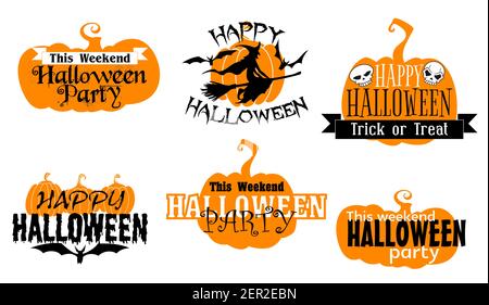 Happy Halloween icone isolate con set tipografico. Misteriosi simboli vettoriali decorati con zucche arancioni, sagome nere di pipistrelli, mosca di strega su scopa Illustrazione Vettoriale