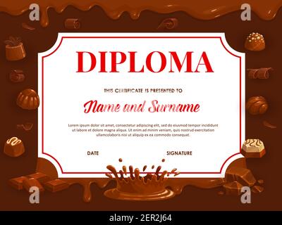 Diploma di formazione con certificato di cioccolato, scuola vettoriale o asilo. Caramelle e dolci da cartoni animati con contorno di cioccolato o cacao Illustrazione Vettoriale