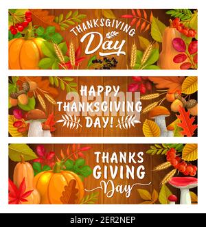 Giorno del Ringraziamento autunno vendemmia banner vettoriali vacanza. Foglie caduti, funghi, acorni e verdure di zucca su sfondo di legno con fogliame d'acero Illustrazione Vettoriale