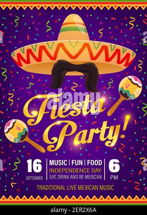 Fiesta partitioner Vector Flyer, sombrero di simboli messicani, baffi con maracas e confetti colorati su sfondo viola con tradizionale motivo a zigzag Illustrazione Vettoriale