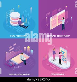 Programmazione freelance concetto di progettazione isometrica 2x2 con icone umane e. immagini infografiche con didascalie di testo modificabili illustrazione vettoriale Illustrazione Vettoriale