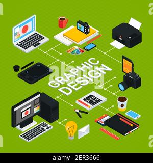 Infografiche di progettazione grafica isometrica con vari oggetti per il lavoro come come computer swatch stampante tablet matita 3d vettore illustrazione Illustrazione Vettoriale