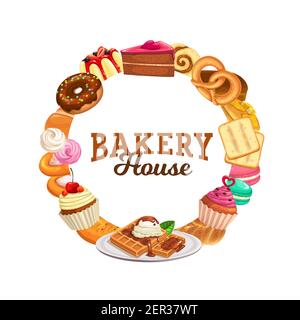 Dolci e dessert vettore cornice rotonda. Negozio di pasticceria cartoni animati con torta, cheesecake, budino dolce e torte. Waffle e cupcake appena sfornati, pennsylvania Illustrazione Vettoriale