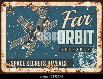 Satellite far orbite vettore di ricerca rusty metallo piastra. Missione scientifica interplanetaria sputnik orbitante pianeta in cielo stellato. spu artificiale orbitale Illustrazione Vettoriale