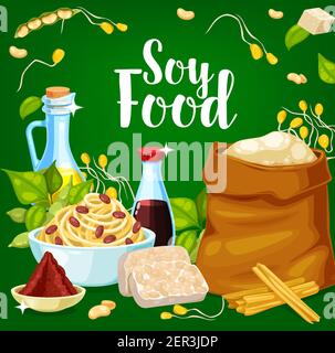 Cibo di soia e prodotti di stagionatura. Edamame di soia, bottiglia di olio e salsa, sacco di miso e farina, tempeh e carne, formaggio tofu, germogli in vettore piatto. Come Illustrazione Vettoriale