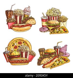 Fast food, pasti da asporto e spuntini. Street cafe, hamburger e bevande fredde. Pizza, patatine fritte e hamburger, tacos, hotdog e ciambelle, secchio di popcorn, Illustrazione Vettoriale