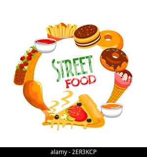 Fast food taco vettore banner rotondo, ketchup e salsa di senape e patatine fritte con ciambelle, gelato. Pizza con funghi, pomodori, olive e anche Illustrazione Vettoriale