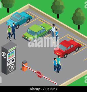 Distributore automatico nella zona di parcheggio e persone vicino alle loro auto illustrazione vettoriale isometrica 3d Illustrazione Vettoriale