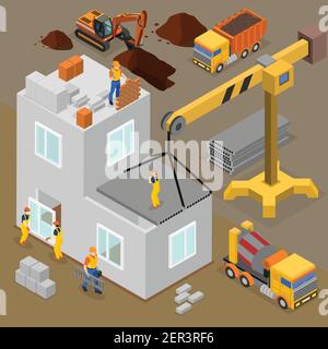 Composizione isometrica della costruzione con caratteri umani di operai e costruttori durante il processo di costruzione azionato da macchine illustrazione vettoriale Illustrazione Vettoriale