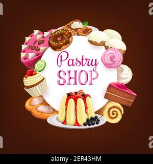 Dolci e dolci da forno, dolci al cioccolato, poster vettoriale. Dolci da forno, cheesecake e dolci, cupcake, croissant e pud Illustrazione Vettoriale