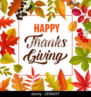 Felice grazie dando cornice vettoriale con lettere e foglie o bacche autunno caduti. Giorno di ringraziamento bordo, poster autunnale o biglietto d'auguri con fogliag Illustrazione Vettoriale