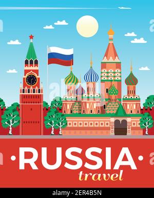 Russia agenzia di viaggi pubblicità flat composizione poster con bandiera nazionale cremlino san basilare cattedrale mosca illustrazione vettoriale Illustrazione Vettoriale