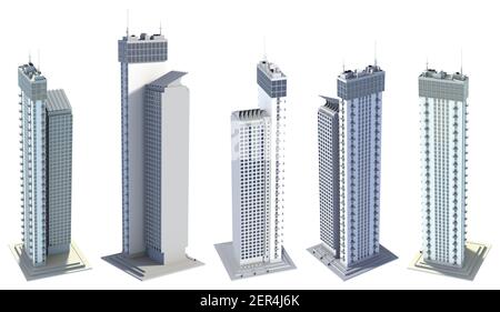 Set di 5 rendering di edifici hi-tech dal design immaginario, torri viventi con riflesso del cielo - isolato su bianco, uccelli vista panoramica 3d illustrazione di skyscr Foto Stock