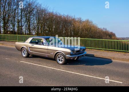 1964 - 1966 60s bronzo Ford Mustang Roadster 3300cc benzina; traffico veicolare, veicoli in movimento, automobili americane, veicoli che guidano su strade del Regno Unito, motori degli Stati Uniti, rete stradale del Regno Unito dell'autostrada. Foto Stock