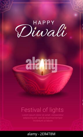 Diwali festival di bandiera vettore luce con indù indù religione lampada diya. Lampada ad olio rosa con fiamma fuoco e coppa in argilla, decorata con ornamento rangoli Illustrazione Vettoriale