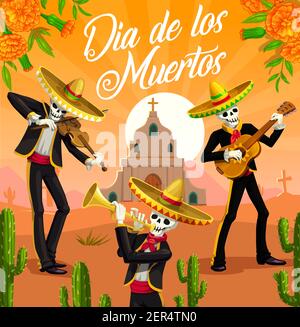 Dia de los Muertos mariachi scheletri, vettore messicano giorno della morte vacanza. Musicista teschi con sombreros, chitarra, tromba e violino, chiesa, tom Illustrazione Vettoriale