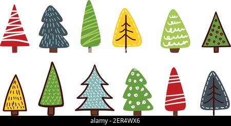 Diverso insieme di alberi di Natale, illustrazione vettoriale. Può essere utilizzato per biglietti di auguri, inviti, banner, web design. Illustrazione Vettoriale
