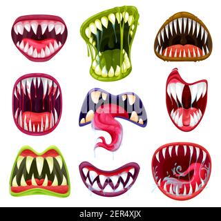 Halloween mostro bocche, denti e lingue cartone animato vettore set. Spaventoso diavolo e vampiro sorrisi, pazzi volti horror di bestie aliene e zombie arrabbiato w Illustrazione Vettoriale
