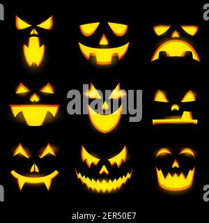 Pauroso volto di zucca isolato icone vettoriali, emoticon mostro Halloween, jack lanterna, vampiro arrabbiato e felice espressioni, incandescente spoky male occhi, te Illustrazione Vettoriale