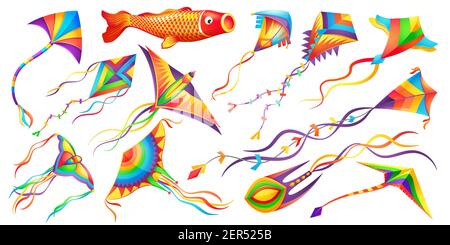 Aquiloni di vento volanti, set vettoriale cartoon giocattolo per bambini. Colori arcobaleno aquiloni con diverse forme di ali, pesci dorati o carpe, uccelli e farfalla, nastri Illustrazione Vettoriale