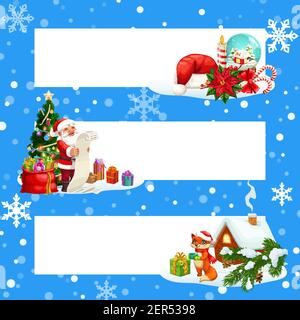 Banner natalizi con fiocchi di neve e copy space vettoriale design. Albero di Natale, regali e Santa con lista dei desideri, cappello rosso e borsa, neve e vacanze invernali pr Illustrazione Vettoriale