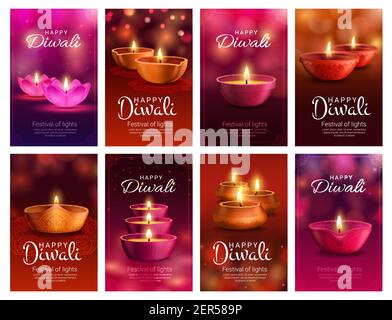 Diwali o Deepavali diya lampada vettore banner di festa indiana luce e indù religione auguri di vacanza. Lampade ad olio Deepawali, decorate con r Illustrazione Vettoriale