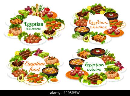 Cucina egiziana ristorante vettore banner rotondi. Piatti egiziani con verdure rifarcite e riso, carne di agnello e di pesce, dessert e zuppa di pasticceria dolce Illustrazione Vettoriale