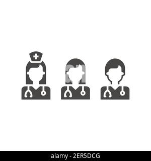 Set di icone vettoriali avatar medico e infermiere. Profilo uomo e donna con stetoscopio. Illustrazione Vettoriale