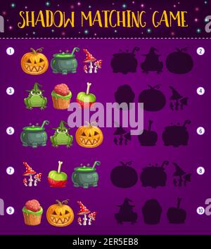 Halloween Shadow Matching modello vettoriale di gioco di bambini attività educative design. Puzzle bambini prescolare con trovare e collegare la silhouette corretta Illustrazione Vettoriale