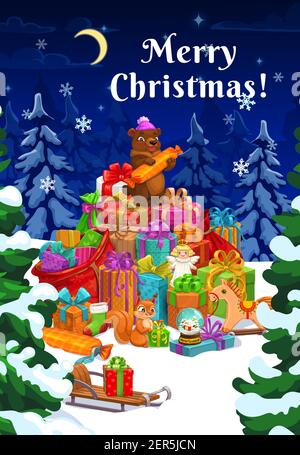 Regali di Natale accatastati sulla neve della foresta di festa invernale vettore biglietto d'auguri. Scatole regalo di Natale, borsa di Santa e slitta, calza calza, fiocchi di neve e. Illustrazione Vettoriale