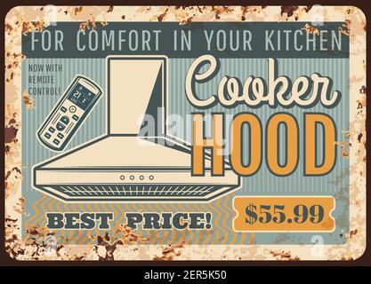 Cappe da cucina, cucina esaurisce piatto in metallo arrugginito, vettore retro poster. Gamme di fornelli e ristoranti che cucinano gli estrattori di odore, aria professionale lo zio Illustrazione Vettoriale