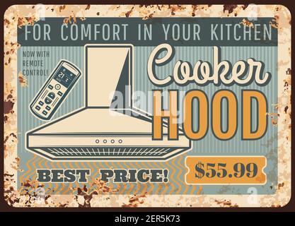 Cappe da cucina, cucina esaurisce piatto in metallo arrugginito, vettore retro poster. Gamme di fornelli e ristoranti che cucinano gli estrattori di odore, aria professionale lo zio Illustrazione Vettoriale