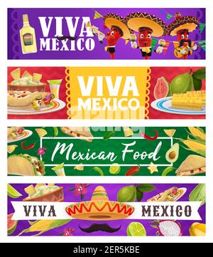 Cibo messicano per le vacanze e musicista del peperoncino, viva Messico vetrai banner vettoriali. I cartoni animati mariachi al peperoncino rosso in cappelli sombrero con maracas e chitarra, Illustrazione Vettoriale