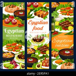 Cucina egiziana ristorante pasti vetector banner. Polpettine di sardine, pomodori ripieni, cavolo e panini, kebab di scisti con zafferano, lenticchie e trotter Illustrazione Vettoriale