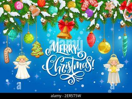 Regali di Natale e campana appesa su Xmas albero rami vettore biglietto d'auguri. Pan di zenzero di Natale, ornamenti di neve e palla, canne caramelle, angeli con Illustrazione Vettoriale