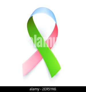 Simbolo di malattia rara, realistico rosa, verde, nastro blu. Modello per la giornata di sensibilizzazione del 28 febbraio isolato su sfondo bianco, illustrazione vettoriale. Illustrazione Vettoriale