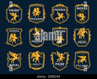 Icone Pegasus. Simboli di cavalli alati araldici. Stemma reale, stemma aziendale o badge college vintage con l'allevamento sulle gambe posteriori pegasus Golden si Illustrazione Vettoriale