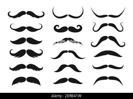 I baffi indossano silhouette nere vettoriali isolate. Barbiere o barbiere moda retrò e moderno lungo e corto classico e hipster o lumberjack uomo Illustrazione Vettoriale