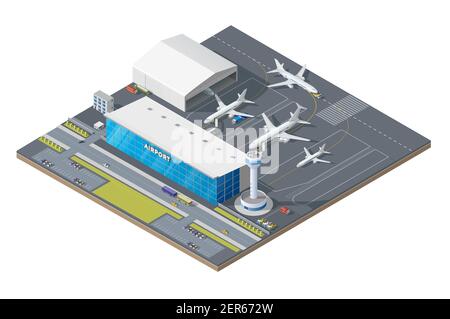 Edificio aeroportuale isometrico con aeroplani sulla pista e torre di controllo del traffico. infrastruttura vettoriale 3d per terminal passeggeri, facciata dell'aeroporto con servizi Illustrazione Vettoriale