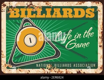 Biliardo gioco arrugginito piatto di metallo, palla vettoriale, rack triangolo e cues incrociati su sfondo verde tavola vintage. Pool club sport associazione ruggine stagno Illustrazione Vettoriale