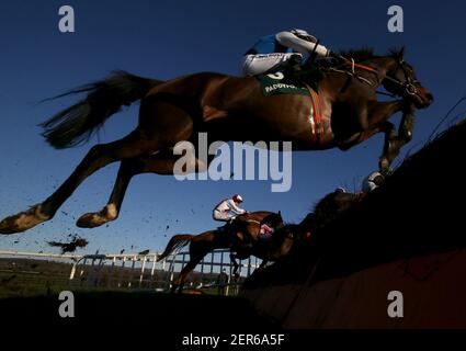 Una visione generale dei corridori e dei corridori in azione mentre gareggiano nel Paddy Power Livestream UK & Irish Racing sull'App Maiden Hinterdle a Naas Racecourse. Data immagine: Domenica 28 febbraio 2021. Foto Stock