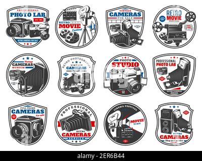 Fotocamere retrò per foto e icone vettoriali video. Negozio di attrezzature tecniche ottiche per fotografia d'epoca. Laboratorio professionale, fotografi tecnici, film Illustrazione Vettoriale