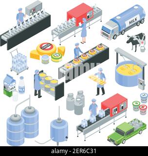 Icone isometriche di caseificio con versamento di latte in bottiglia, produzione di formaggio, trasporto per consegna illustrazione vettoriale isolata Illustrazione Vettoriale