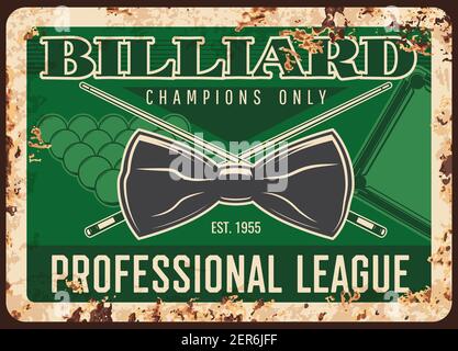 Gioco di biliardo campionato professionale arrugginito metallo piatto, vettore cravatta collo, palle e spunti su sfondo verde vintage. Champions club ricreazione ruggine stagno s Illustrazione Vettoriale