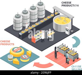 Processo di produzione e vendita di prodotti caseari su sfondo bianco illustrazione vettoriale isometrica 3d Illustrazione Vettoriale